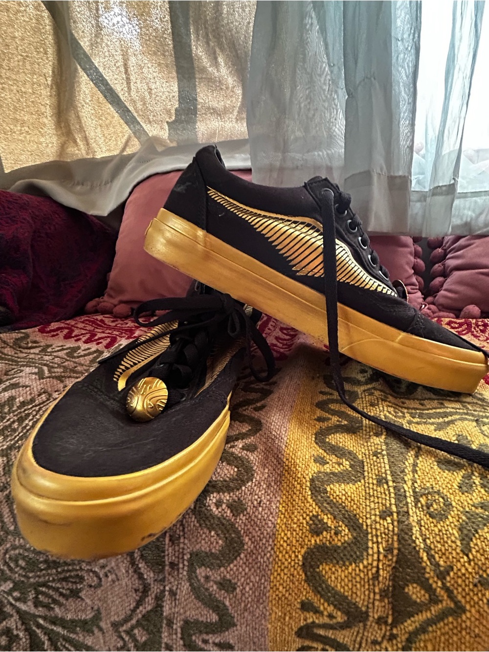 Vans Black Canvas Sneakers with Metallic Gold Accents